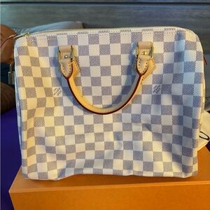 Checkered White and Blue Handbag